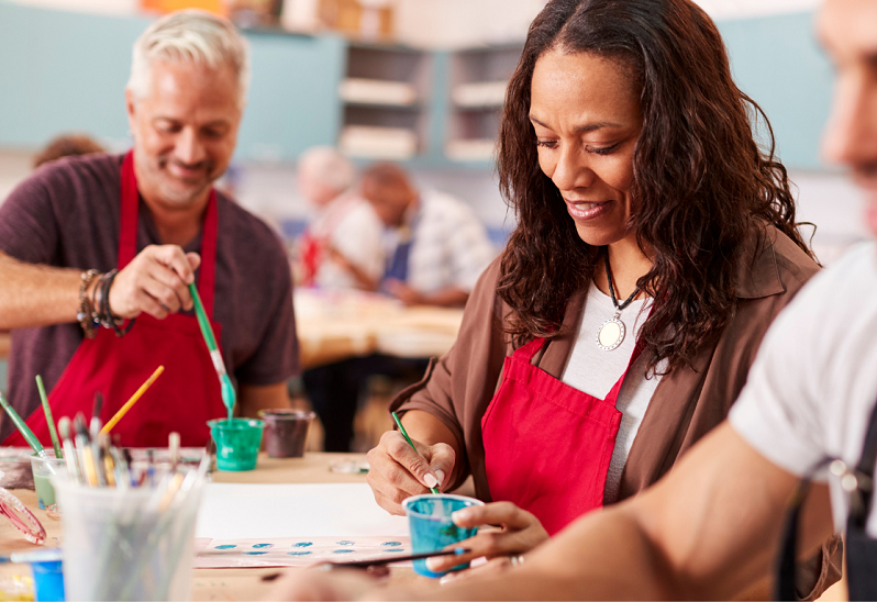 Access to a wide range of ndis providers People enjoying a group art class, smiling and painting together at a community centre.
